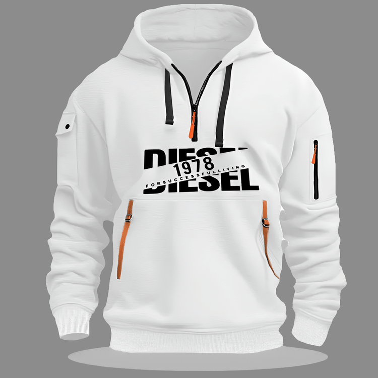Sweat à Capuche Homme – Hoodie Zippé Manches Longues, Grande Taille, Veste Décontractée Sport & Casual, blanc avec logo Diesel.