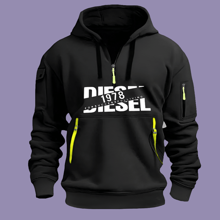 Sweat à Capuche Homme – Hoodie Zippé Manches Longues, Grande Taille, Veste Décontractée Sport & Casual en noir avec détails jaunes.