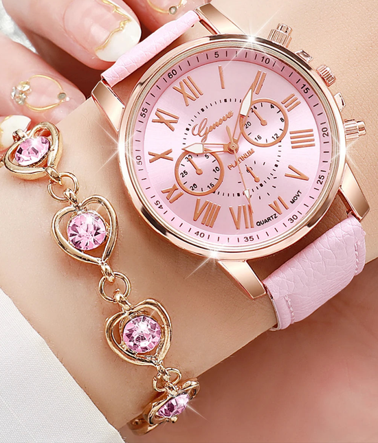 Bracelet Cuir & Strass – Ensemble Bijoux Cœur- Lot de 5/6 Montres Femme Quartz