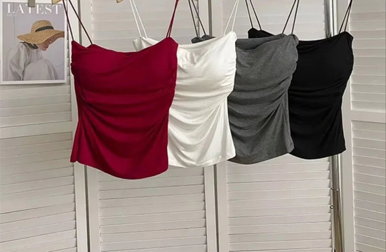 Bretelles Fines & Coupe Sexy , Top Bustier Stylé à Plis – Sans Manches
