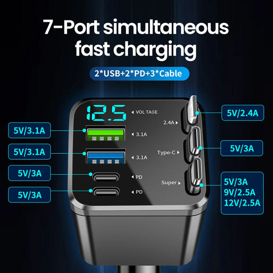 Chargeur de Voiture 7-en-1 avec Câble Rétractable USB