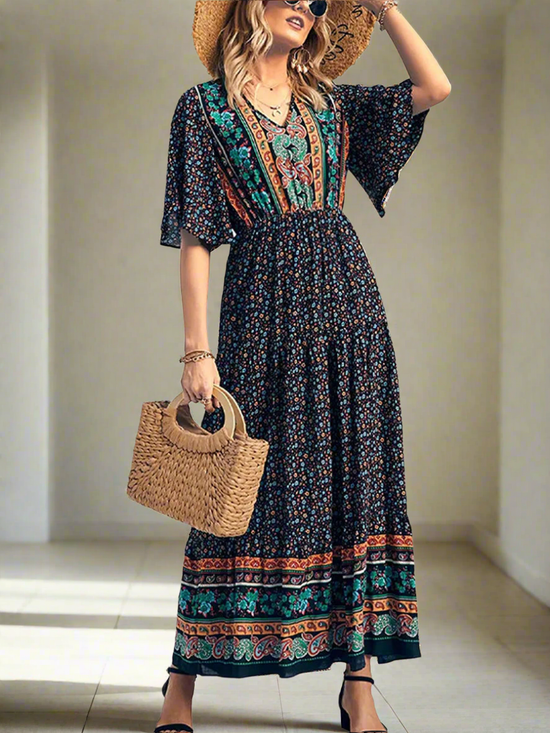 Robe Longue Bohème Élégante – Imprimé Tendance, Manches Courtes