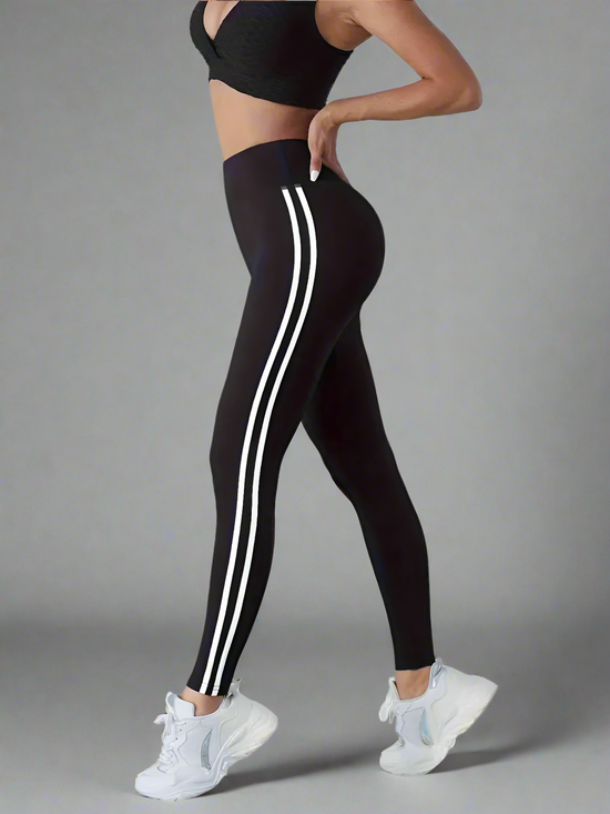 Leggings Femme Taille Haute Amincissants – Pantalon de Yoga Respirant à Rayures Latérales