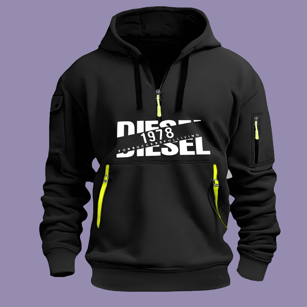 Sweat à Capuche Homme – Hoodie Zippé Manches Longues, Grande Taille, Veste Décontractée Sport & Casual en noir avec détails jaunes.