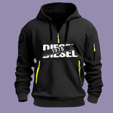 Sweat à Capuche Homme – Hoodie Zippé Manches Longues, Grande Taille, Veste Décontractée Sport & Casual en noir avec détails jaunes.