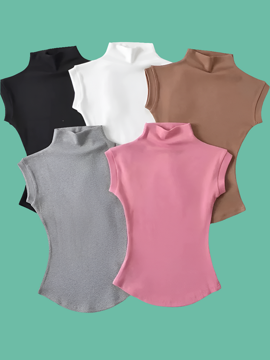 Top Femme Été Col Roulé Sans Manches – T-shirt Slim Fit Débardeur